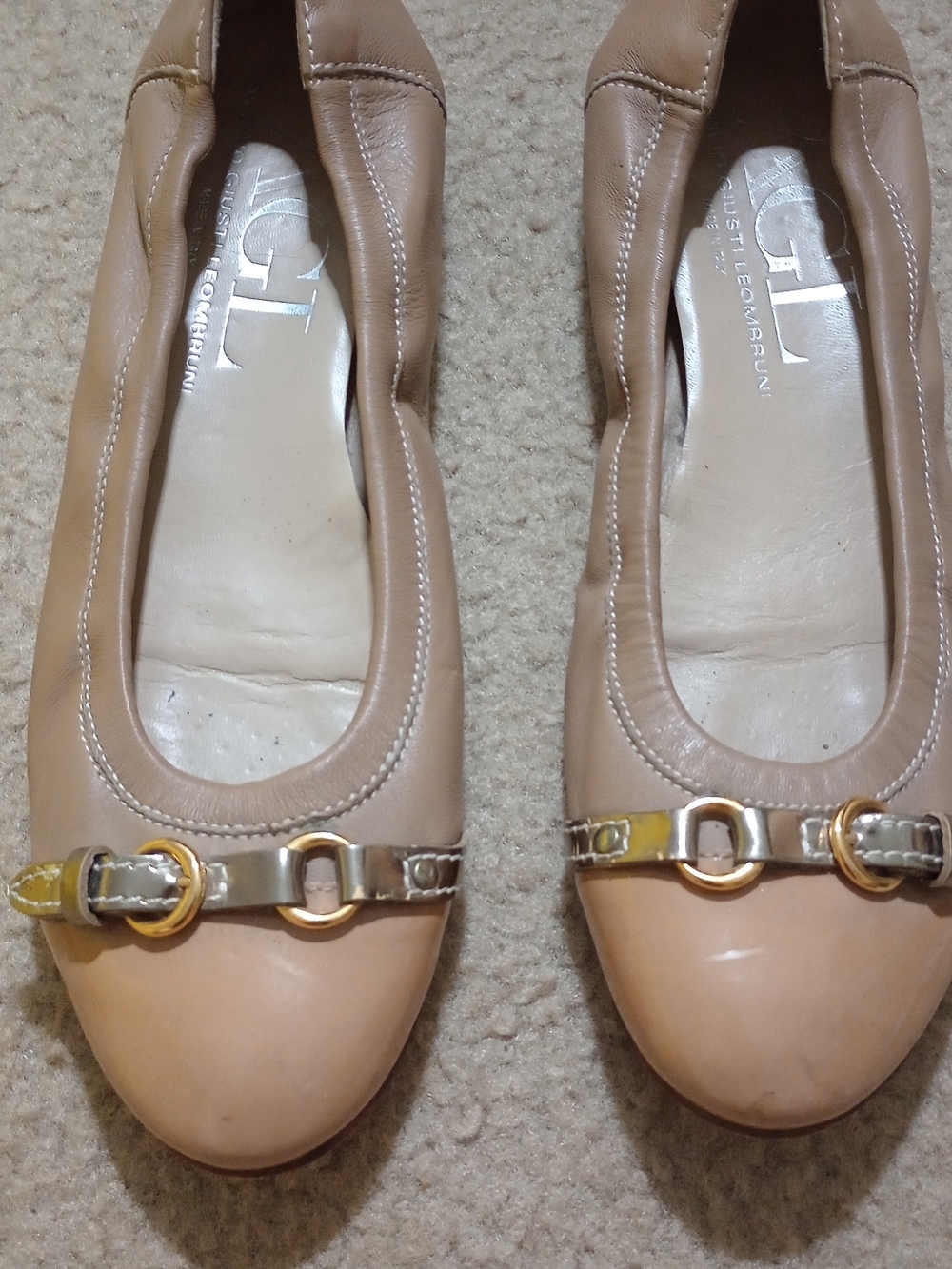 Gianvito Rossi Nude Tan Leather Ballet Flats with Gold Accents